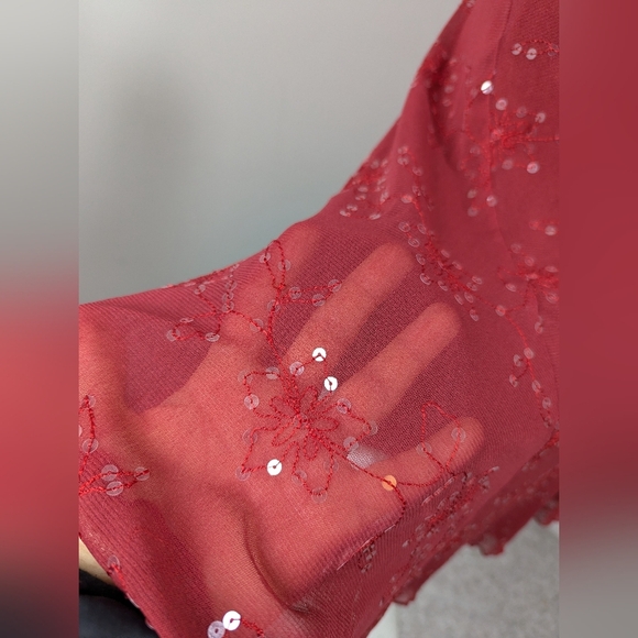 Y2K Red Sheer Layered Sequin Midi Skirt Low Rise Boho Mesh Size M - Picture 4 of 7